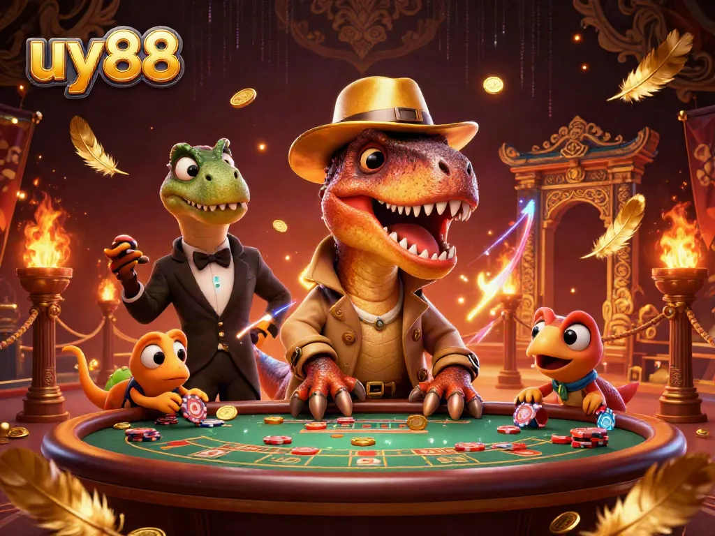 uy88 velociraptor card counter at a blackjack table amidst vibrant casino elements.