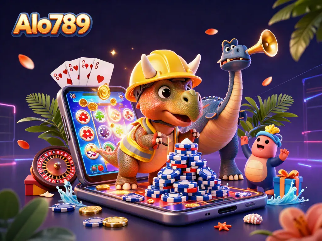 Alo789 shows a triceratops celebrating a poker chip pyramid while enjoying slot games.
