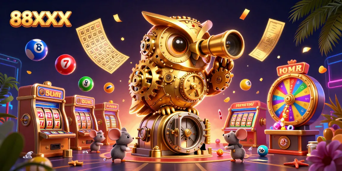 Engage with 88XX as the clockwork owl oversees a lively casino filled with vibrant game elements.
