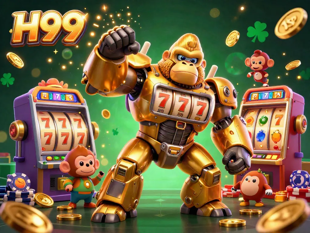 Experience the thrill of H99 with an action-packed illustration of a golden gorilla mech surrounded by vibrant slots.