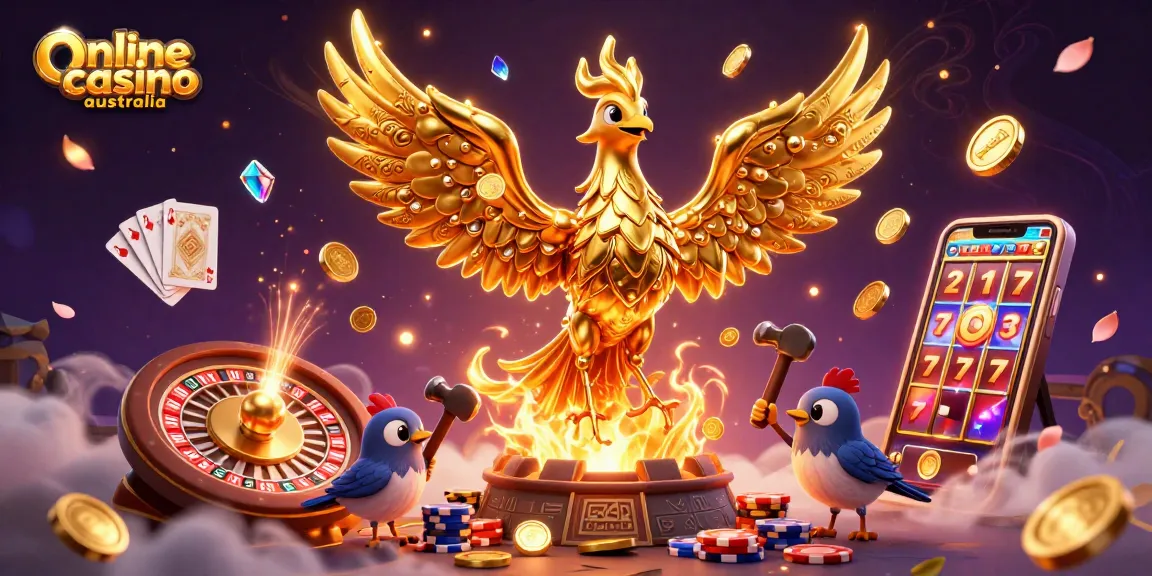 Experience thrilling moments at an online casino Australia with this vibrant 3D illustration of a molten phoenix, coins, and games.