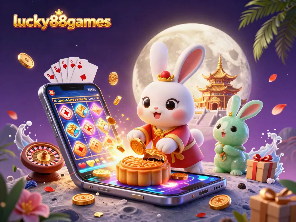 Spin and win at lucky88games with vibrant 3D casino-themed illustration featuring moon rabbit and poker elements.