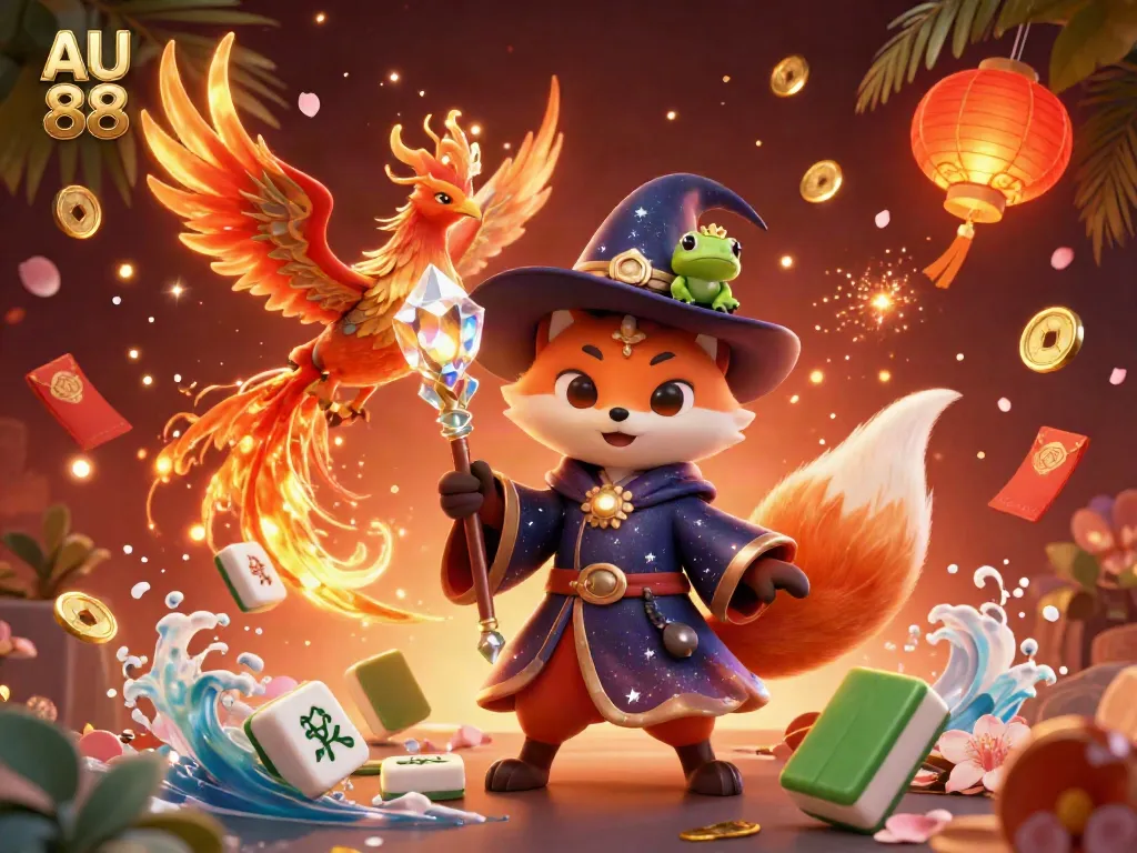 Experience thrilling gameplay at AU 88 with a dynamic fantasy scene featuring a wizard fox and phoenix in a magical casino setting.