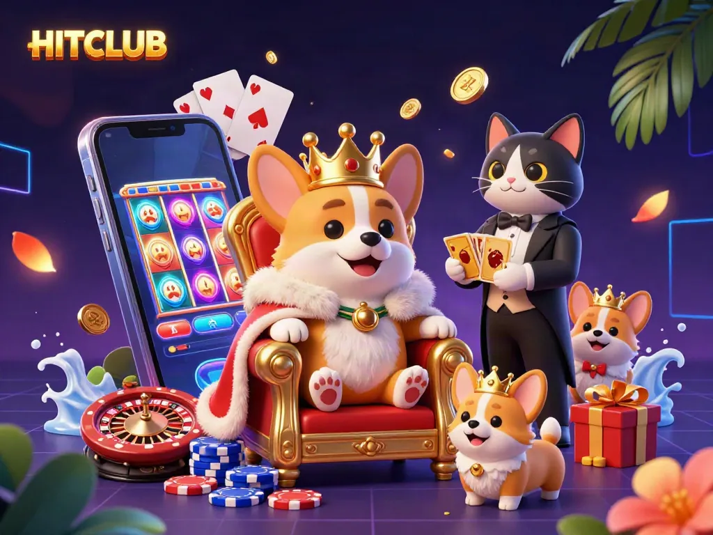 Experience the excitement of HITCLUB with a vibrant 3D caricature scene featuring a royal corgi and casino elements.