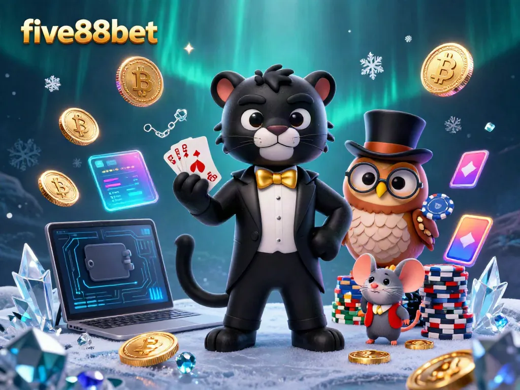 Experience excitement at five88bet with a glamorous panther dealer, an owl, and a lucky mouse in a vibrant casino scene.