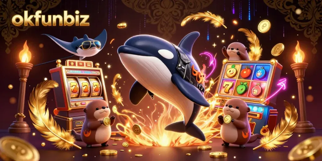 Engage in thrilling play with okfunbiz, featuring a vibrant orca whale and otters in a casino-themed 3D scene.