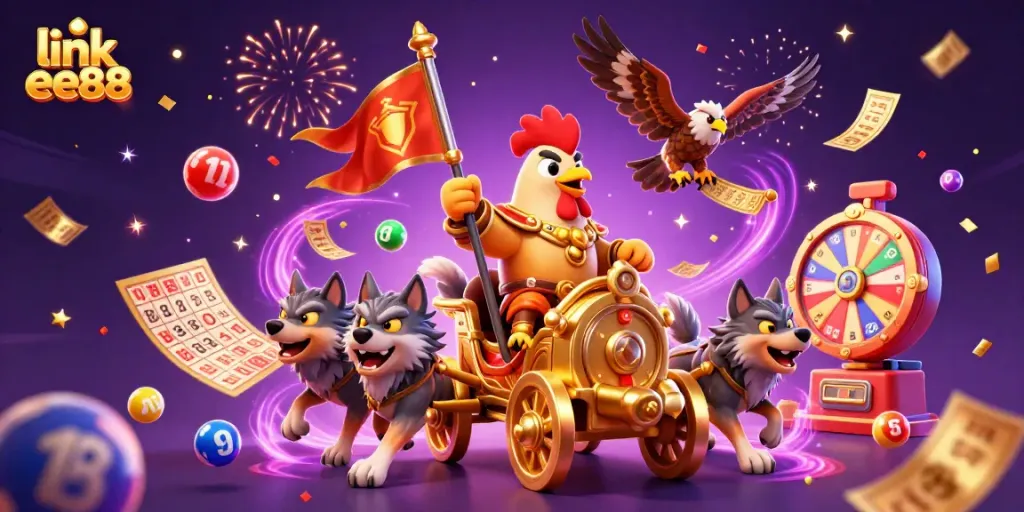 Engage with the action of link ee88 as the rooster warlord leads a victory in lively casino festivities.