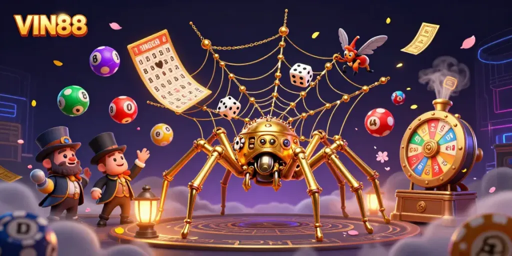 Experience VIN88's dynamic gaming universe with a steampunk spider catching dice in a vibrant scene.
