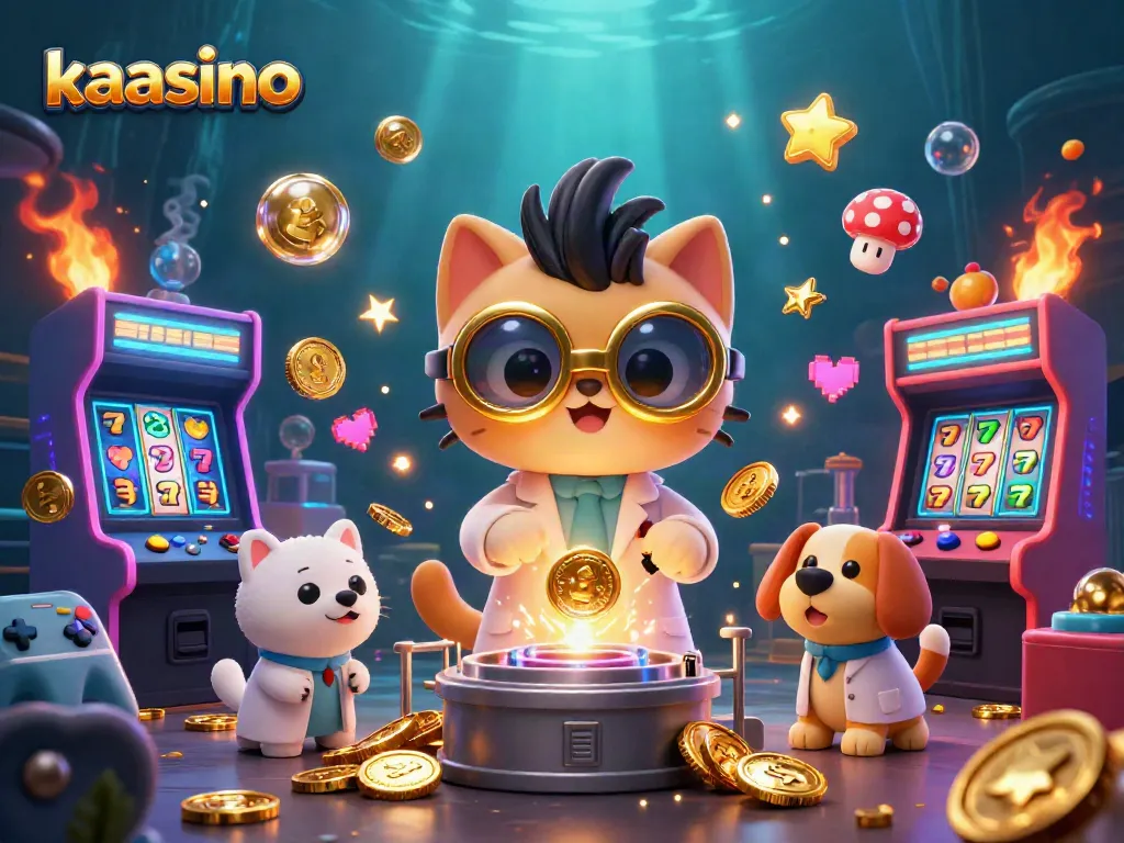 Join the fun at kaasino, with a mad scientist cat in a casino lab creating gold coins amidst vibrant game machines.