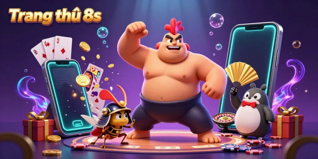 Engaging scene showcasing Trang chủ 8s with a giant sumo wrestler rooster, cricket, and tanuki saving the atmosphere of a vibrant online casino.