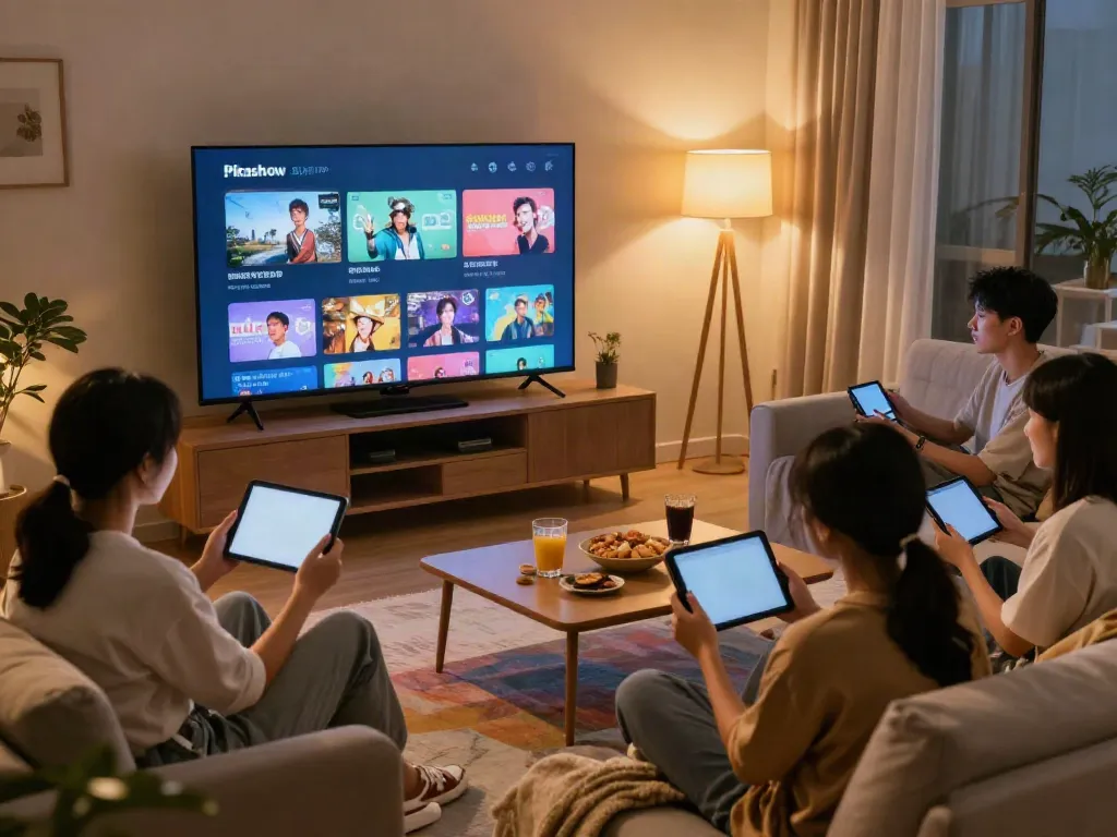 Pikashow APK streaming interface on TV with friends enjoying a movie night.