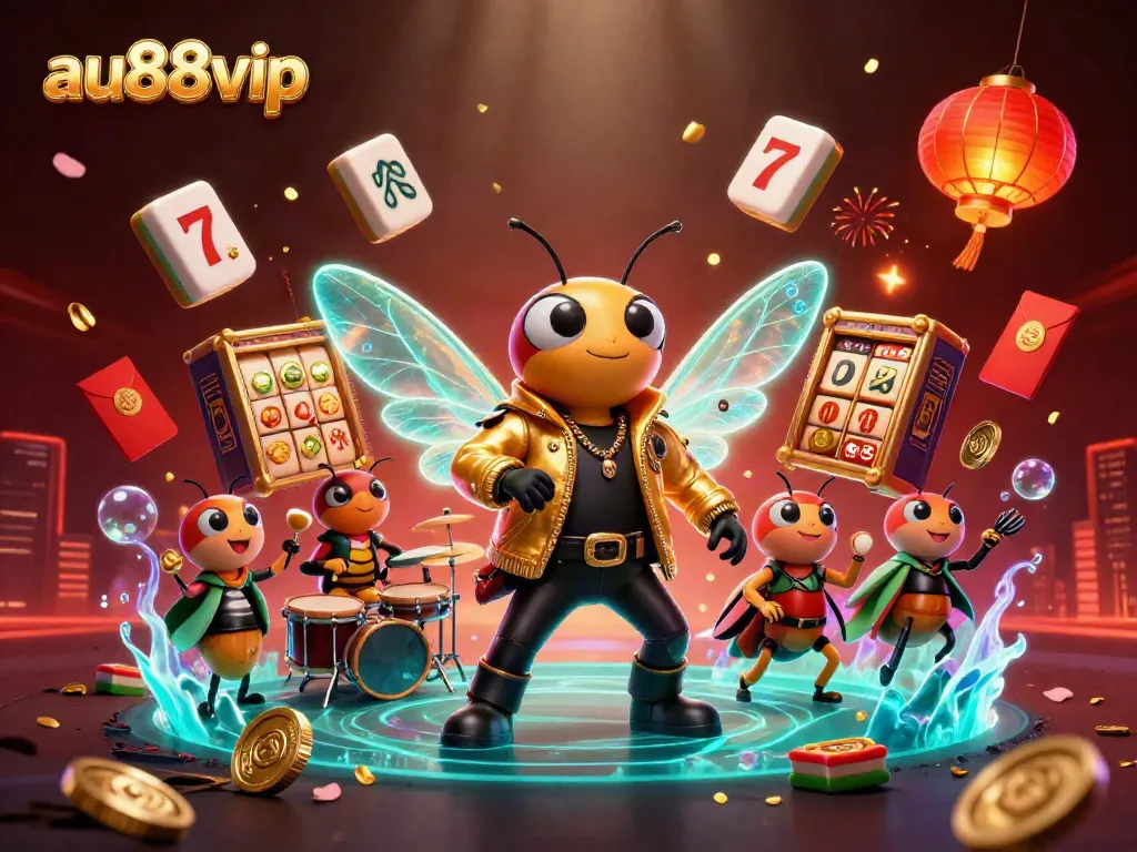 Experience the thrill with au88vip’s dynamic casino illustration featuring a rock star and vibrant gaming elements.