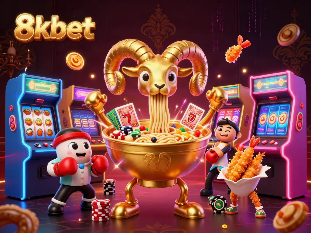 Play an exciting game of 8xbet with a giant ramen bowl character and dynamic elements surrounding it.
