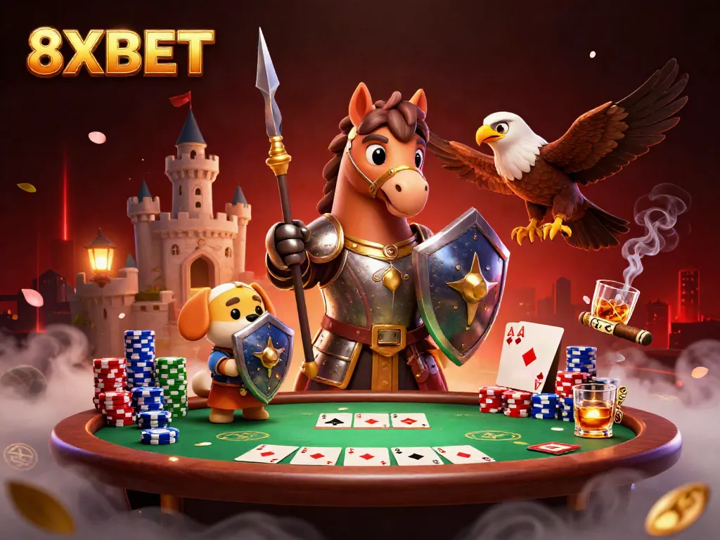 8XBET knights face off in an intense casino scene filled with poker chips and cards.