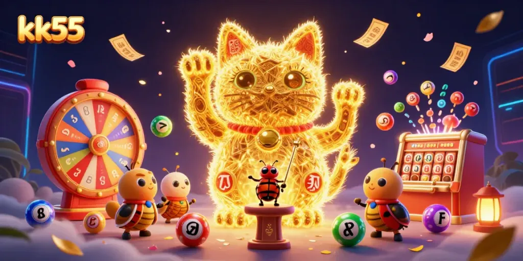 Engage with thrilling casino actions at kk55, exploring dynamic lottery balls and golden cat symbols.
