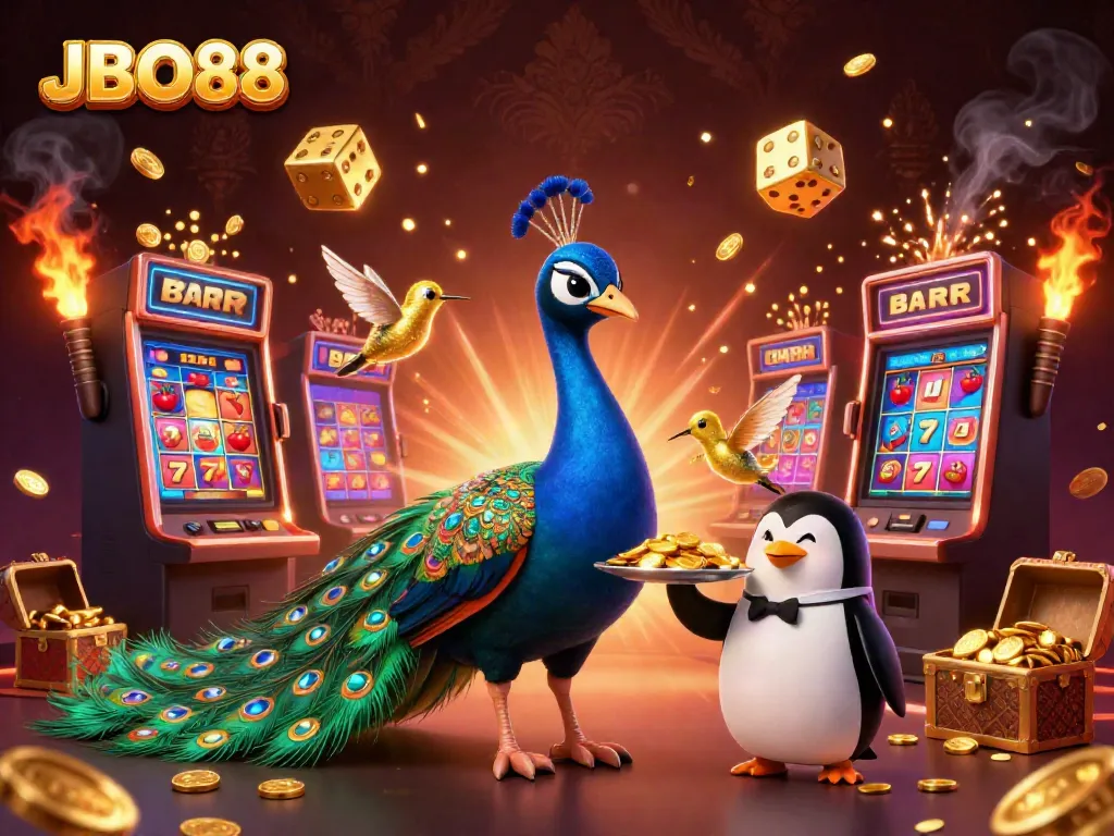 Experience the thrilling JBO88 gaming scene with vibrant characters and slot machines bursting with excitement.