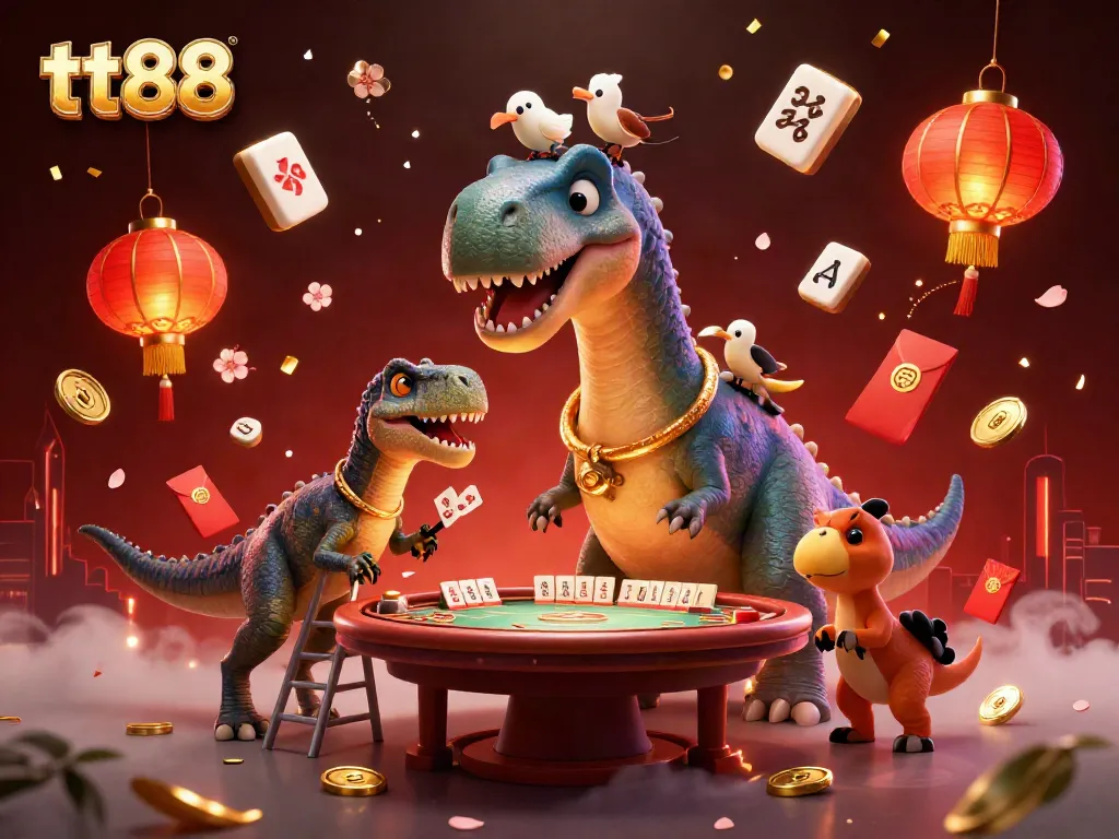 Experience thrilling poker action with tt88, featuring a dinosaur dealer and festive casino elements.