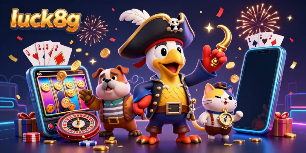 Experience the thrill of winning at luck8g with a festive cartoon pirate-themed slot game scene.