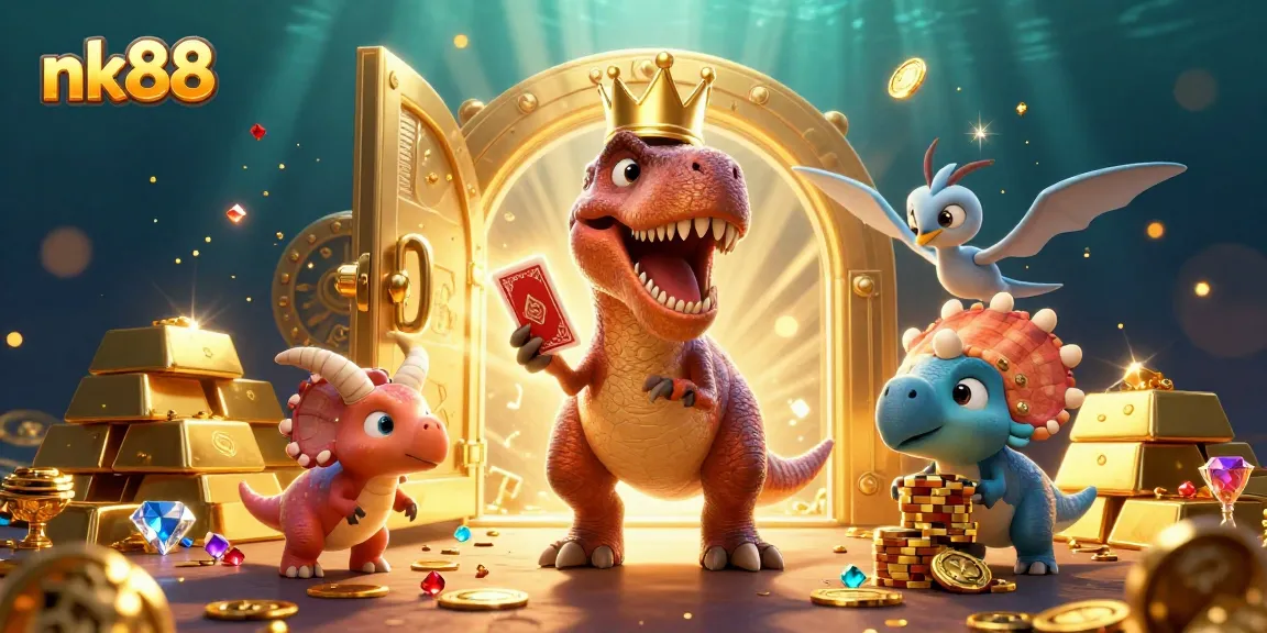 Engage in fun at nk88 with a cartoon T-Rex, golden treasures, and dynamic gameplay.