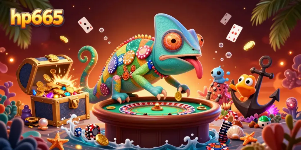 Poker-loving chameleon at hp665 snatches golden coins amid a vibrant casino scene