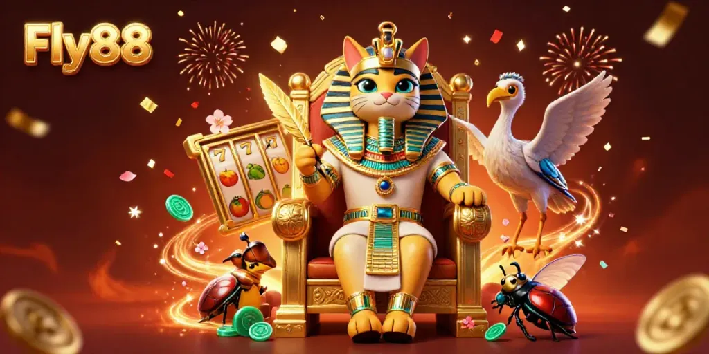 Experience the vibrant world of Fly88 with an Egyptian pharaoh cat amidst dynamic slot elements.