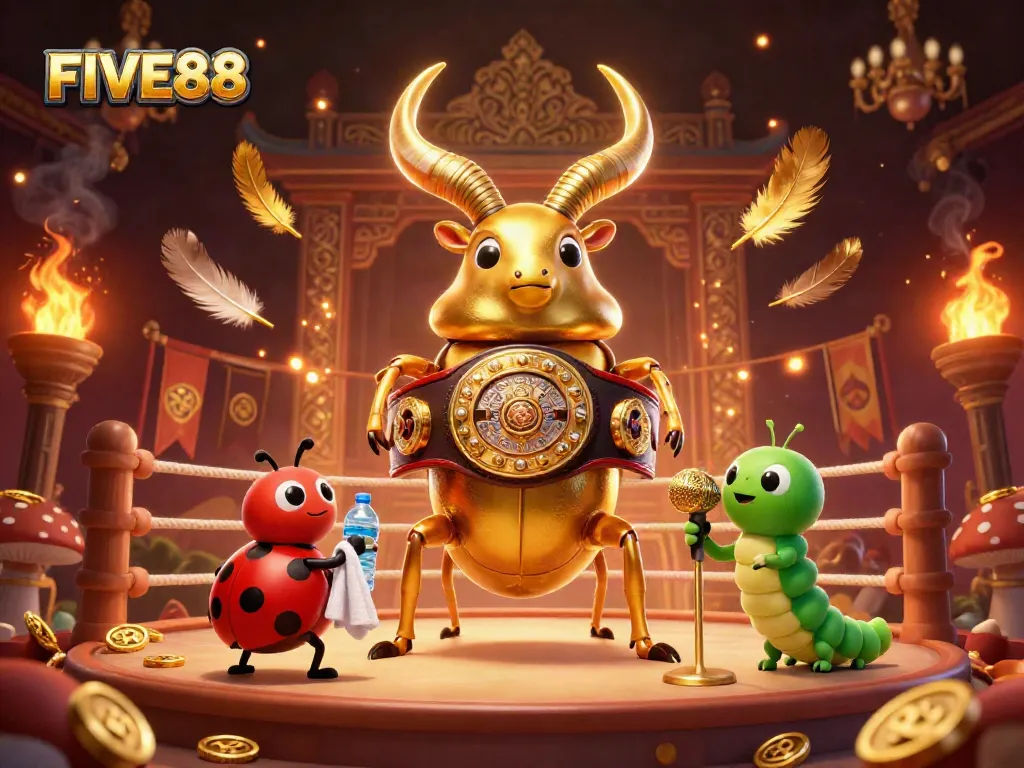Engage in dynamic gaming action with FIVE88 in this vibrant 3D illustration featuring a gold stag beetle and ring announcer.