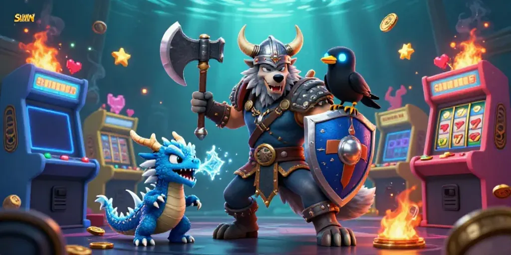 SUNWIN game series showcases a Viking warrior, fierce dragon, and vibrant gaming elements.