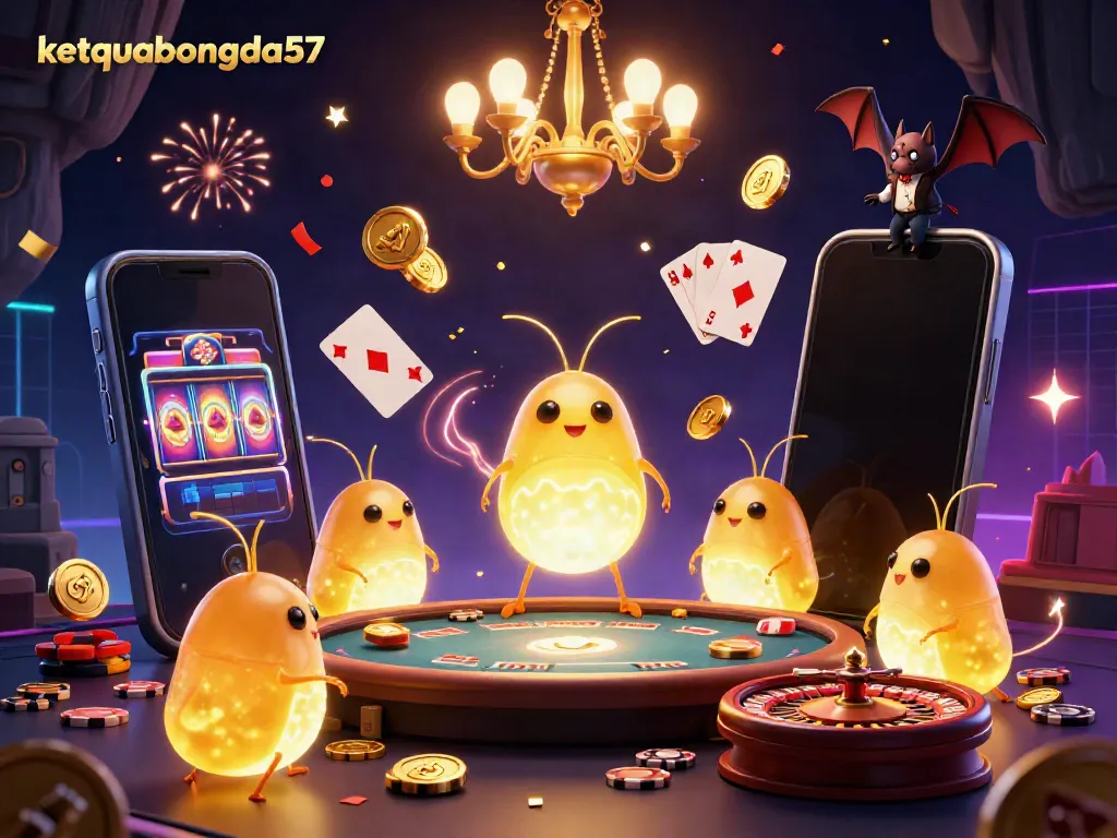 Engage in the vibrant glowworm casino scene with ketquabongda57, featuring slot games and colorful festive lights.