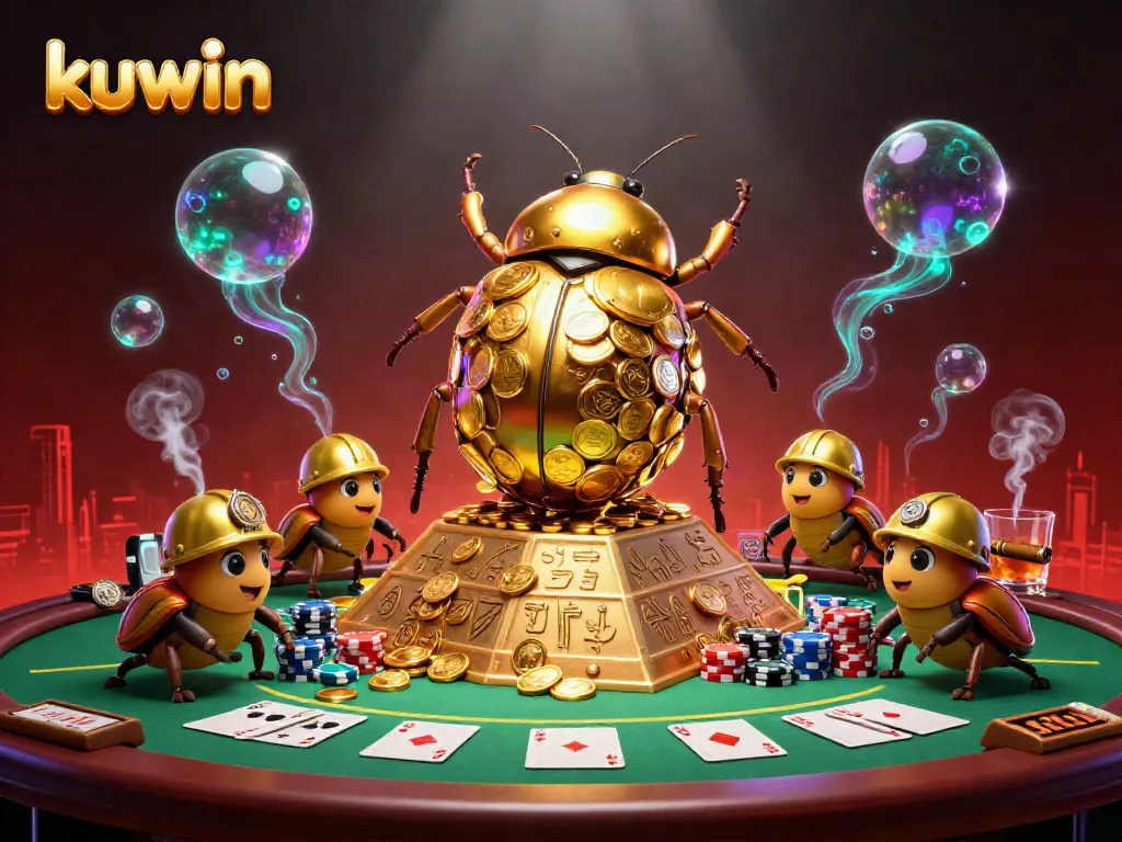 Kuwin's entertaining scene with golden beetles rolling coins, poker elements, and casino vibes.