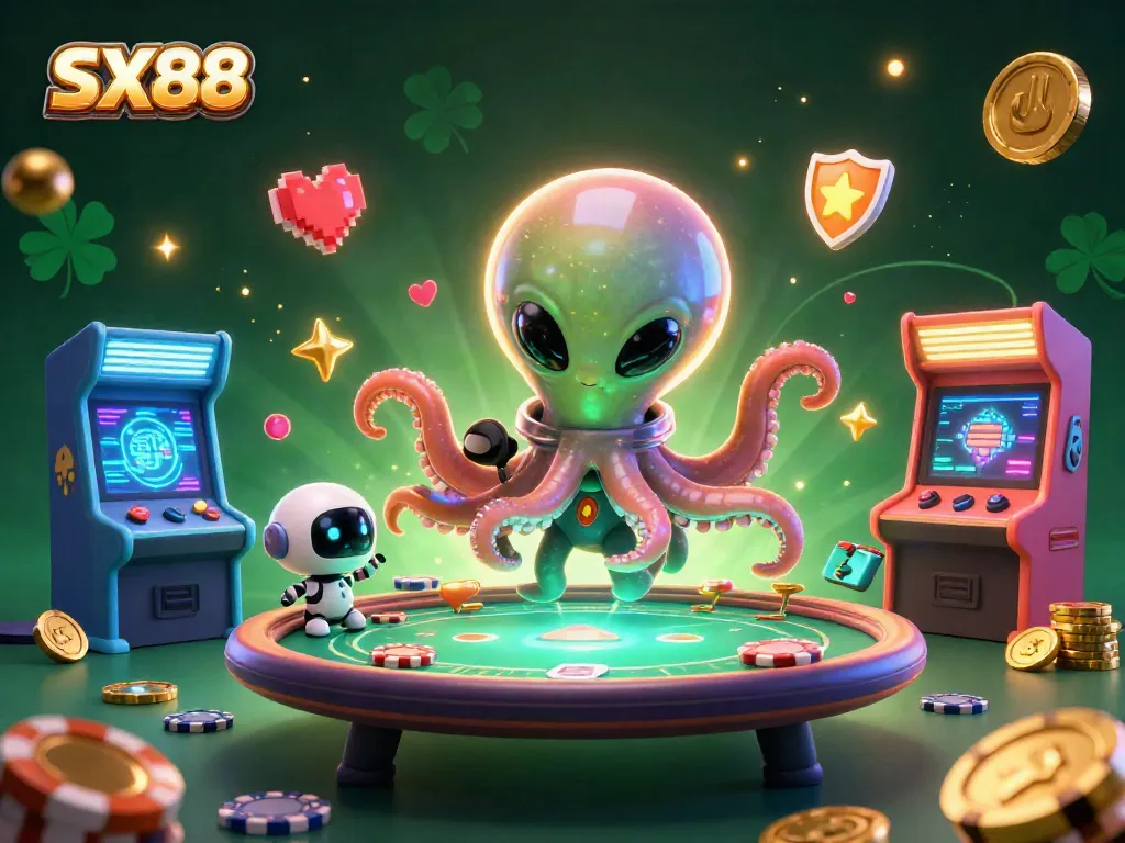 SX88 showcases an alien octopus dealer in a vibrant casino scene, enhancing game excitement.