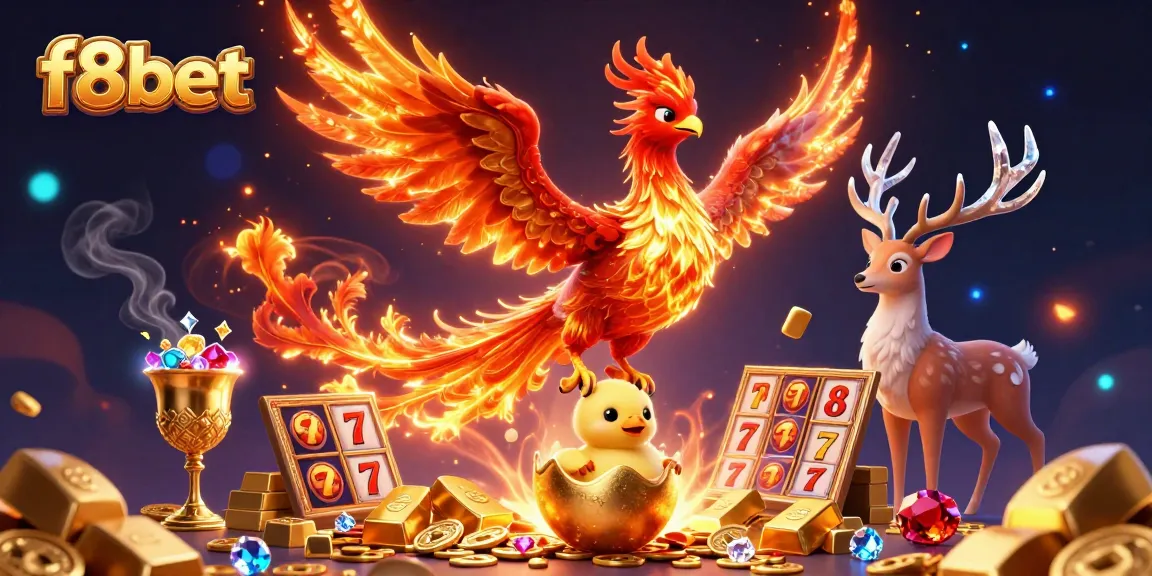Experience the thrill of f8bet casino gaming with a vibrant 3D phoenix scene surrounded by slot reels and treasures.