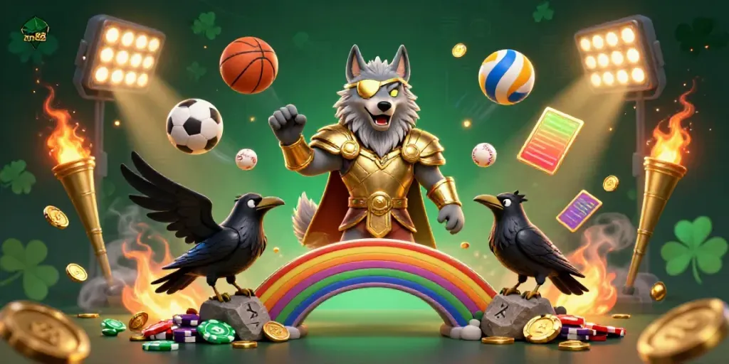 Engaging illustration featuring nn88's Odin wolf with raven companions on a casino chip bridge, showcasing dynamic sports elements.