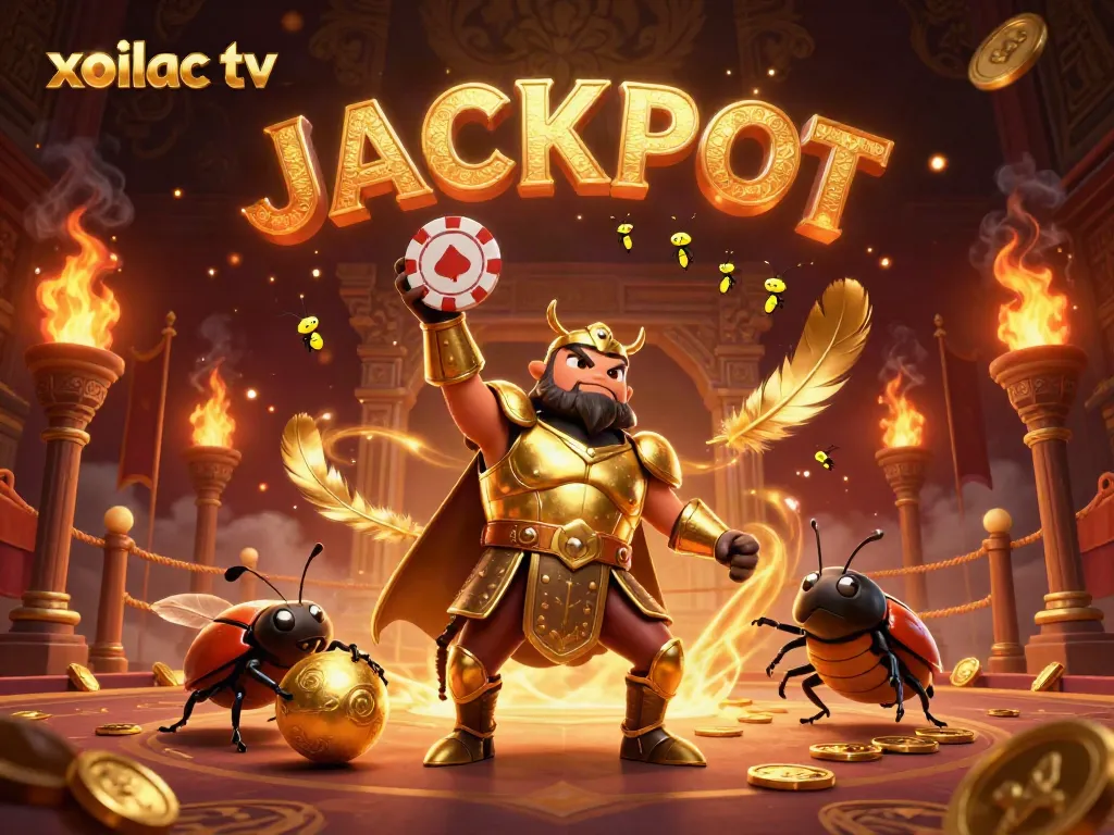 Experience the excitement of winning at xoilac tv with this vivid 3D illustration of a victorious beetle in a lively gambling arena.
