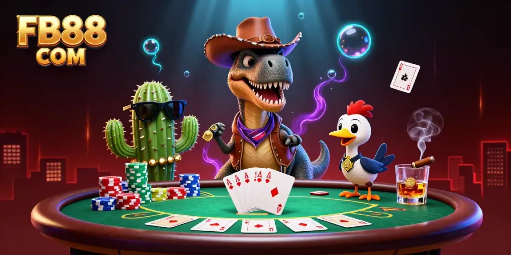 Experience the thrill of poker at FB88 COM with a dynamic T-Rex cowboy and vibrant game elements.