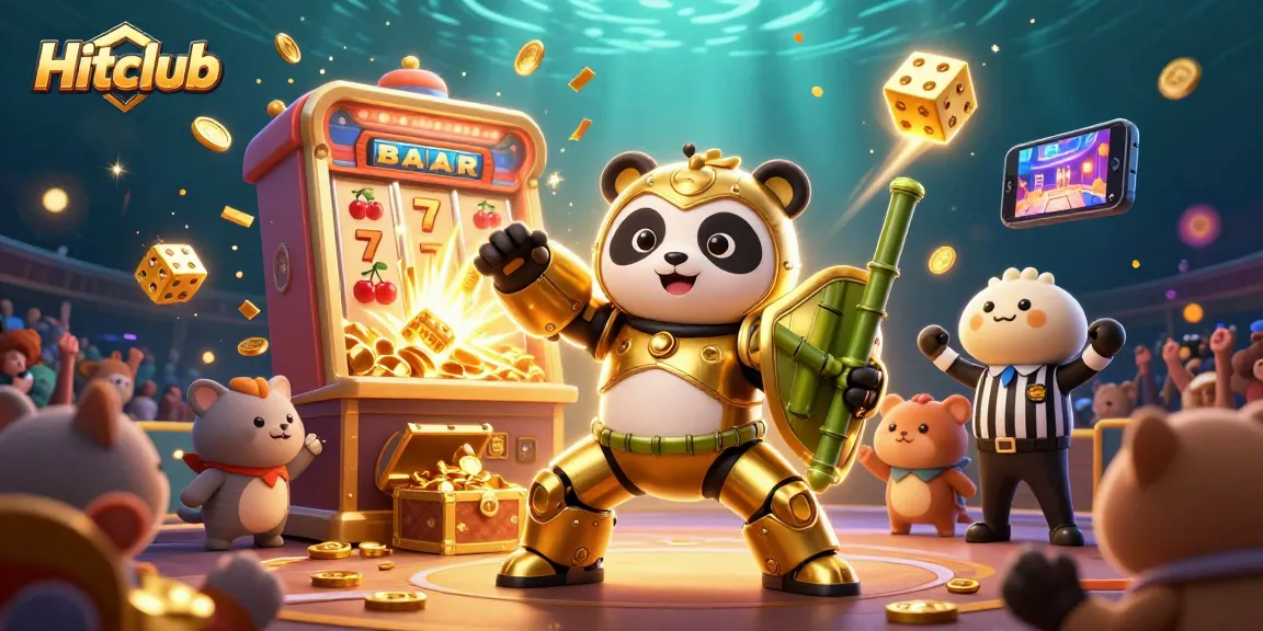 Hitclub robotic panda battles in a vibrant casino arena with jackpots and colorful game elements.