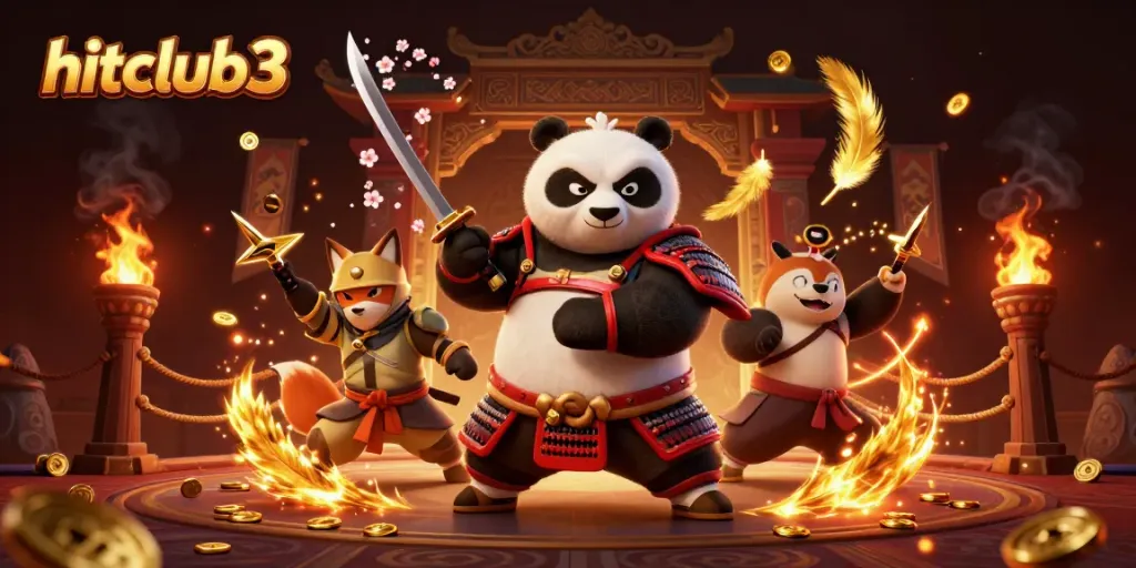 Experience thrilling action at hitclub3 with a samurai panda, ninja fox, and tanuki in a vibrant casino scene.