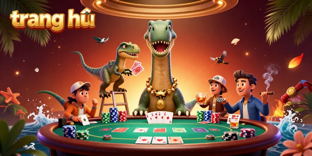 Experience the vibrant world of "trang chủ" with a brontosaurus and clever raptor at the poker table.