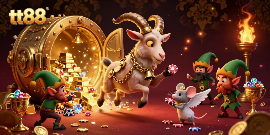Engage in thrilling gameplay at tt88 casino, where a Krampus goat and angel mouse create chaos amid treasures and poker chips.