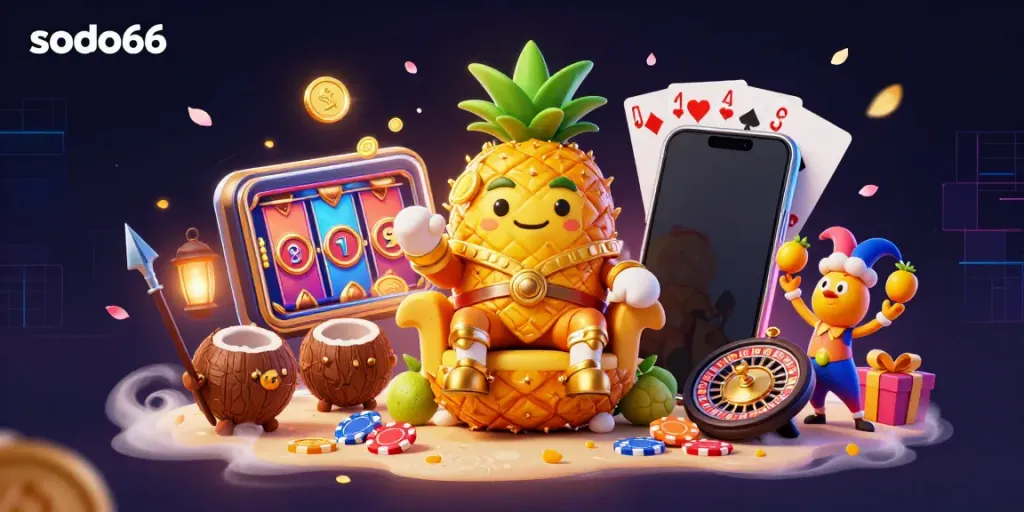 Experience the vibrant gambling scene with sodo66, featuring a golden pineapple king amidst dynamic casino elements.