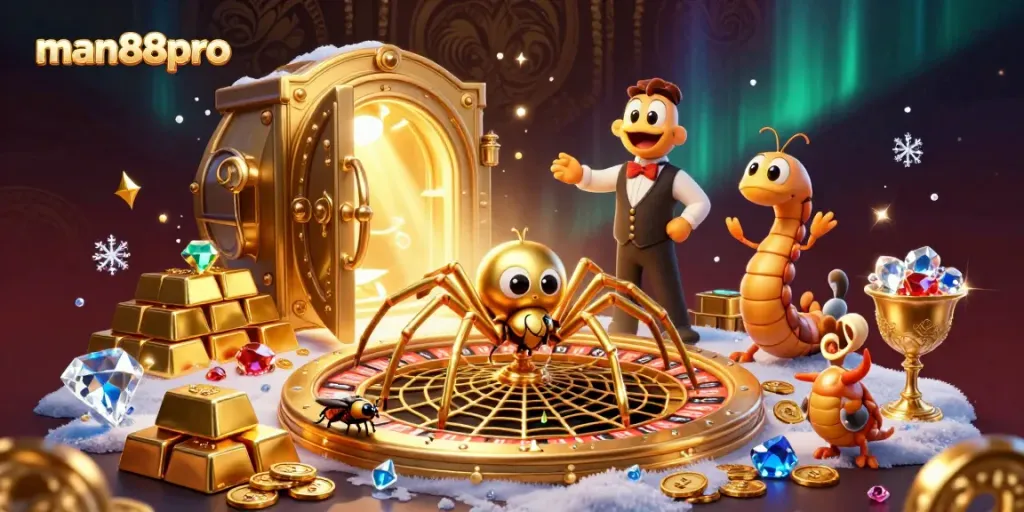 Experience excitement at man88pro with a golden spider roulette web and animated casino elements.
