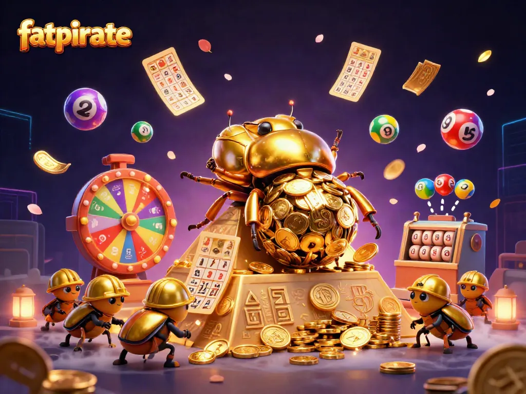 Engage with fatpirate through a vibrant 3D casino scene filled with dynamic gaming elements and golden treasures.
