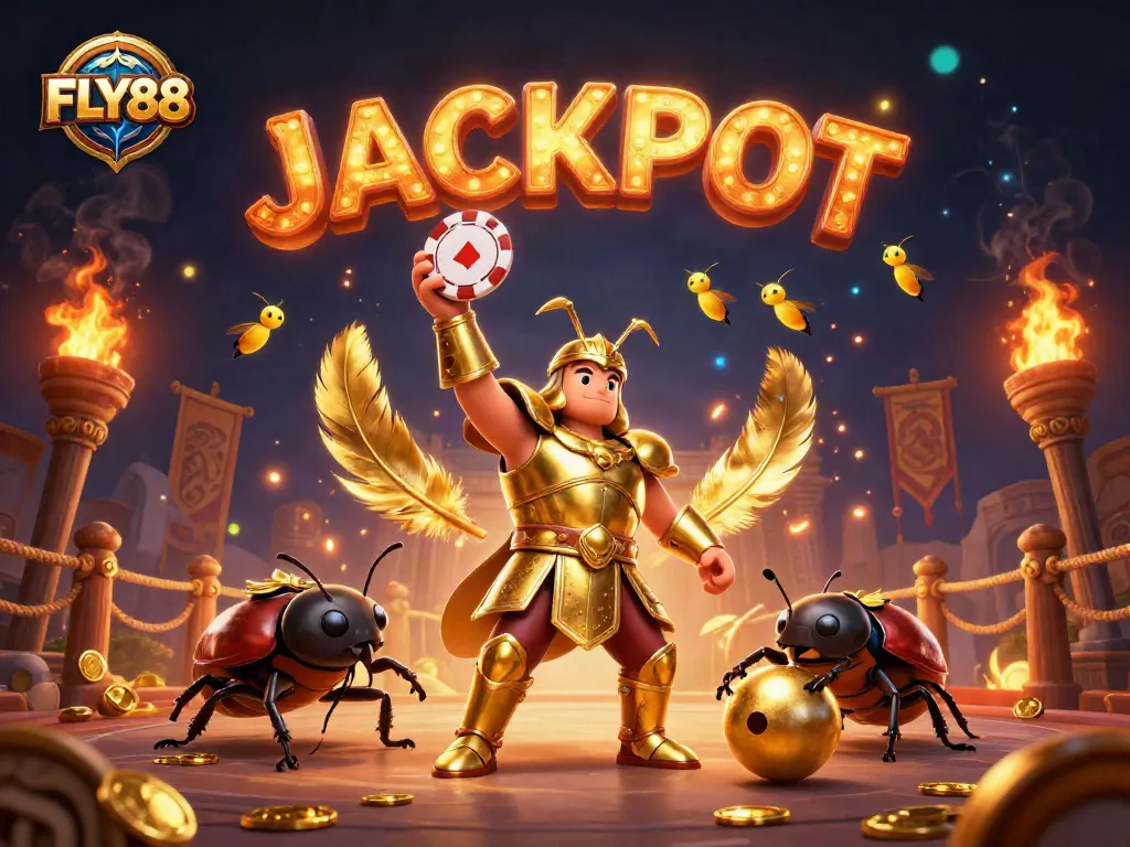 Engage with FLY88 at this vibrant 3D illustration showcasing a victorious beetle character celebrating a jackpot in a dynamic online casino scene.