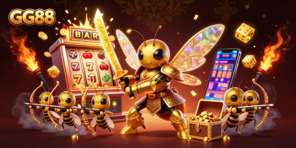 Engage with GG88's vibrant casino world featuring golden hornets and jackpot rewards.