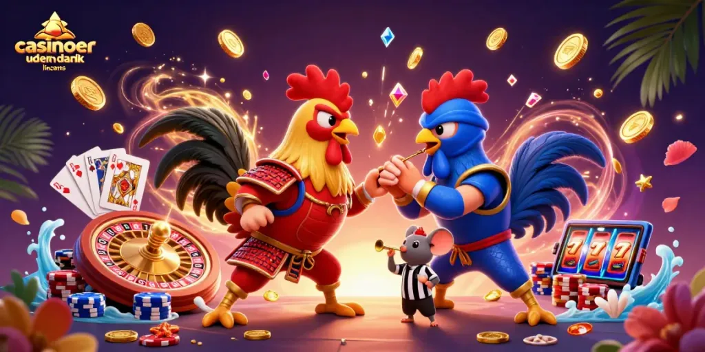 Engage with casinoer uden dansk licens as twin roosters battle in a vibrant 3D casino scene.