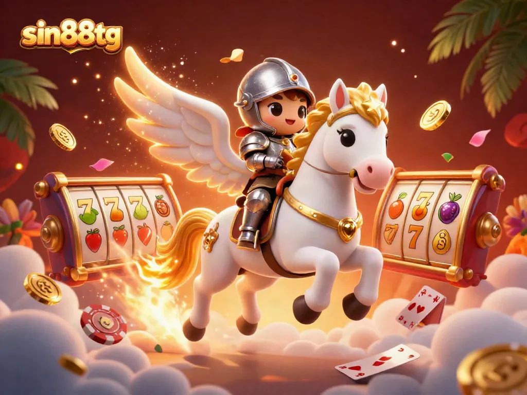 Engage in thrilling gaming moments with sin88tg, featuring an animated knight on a celestial horse amidst vibrant casino elements.