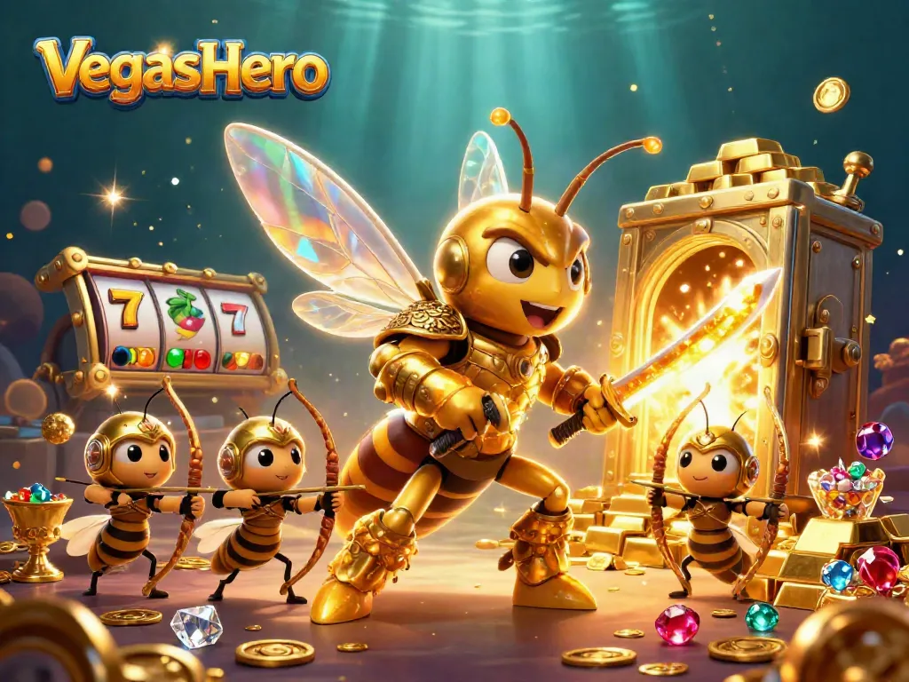 Engage in thrilling gameplay with vegashero as a golden hornet explores vibrant slot reels and treasures.