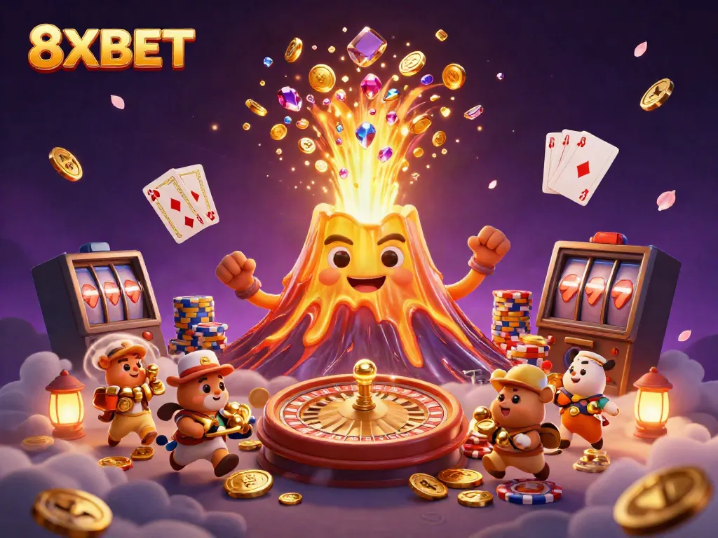 8XBET showcases a vibrant gaming world with golden volcano and treasure for online casino enthusiasts