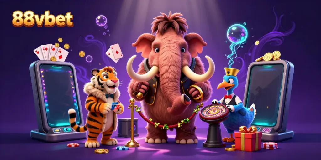 Experience the vibrant world of 88vbet with a cartoon mammoth bouncer and dynamic casino elements.