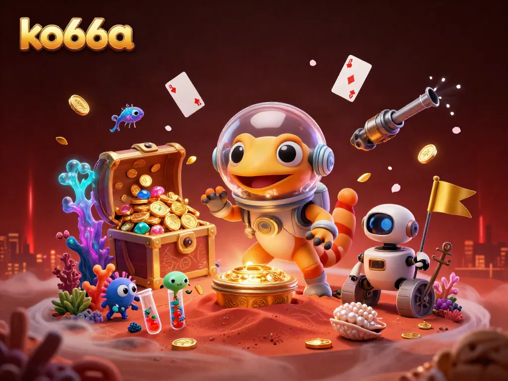ko66a Martian gecko celebrates a jackpot with casino treasures in a vibrant cosmic scene.