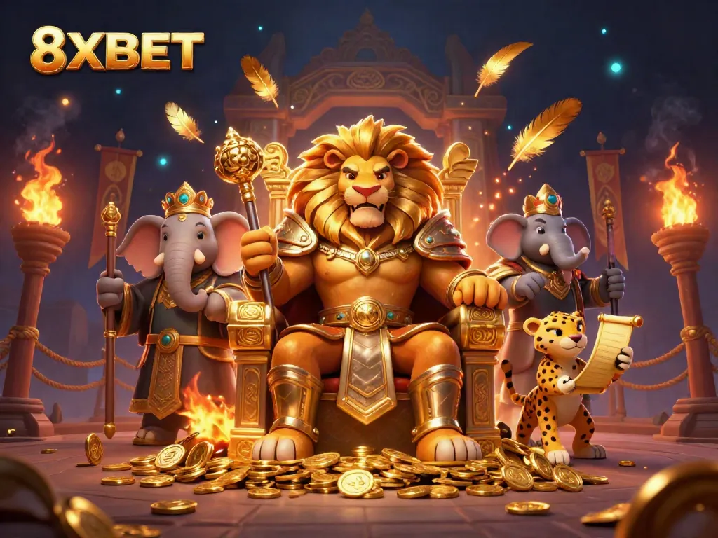 Experience thrilling gaming with 8XBET as the lion king presides over a vibrant casino scene.